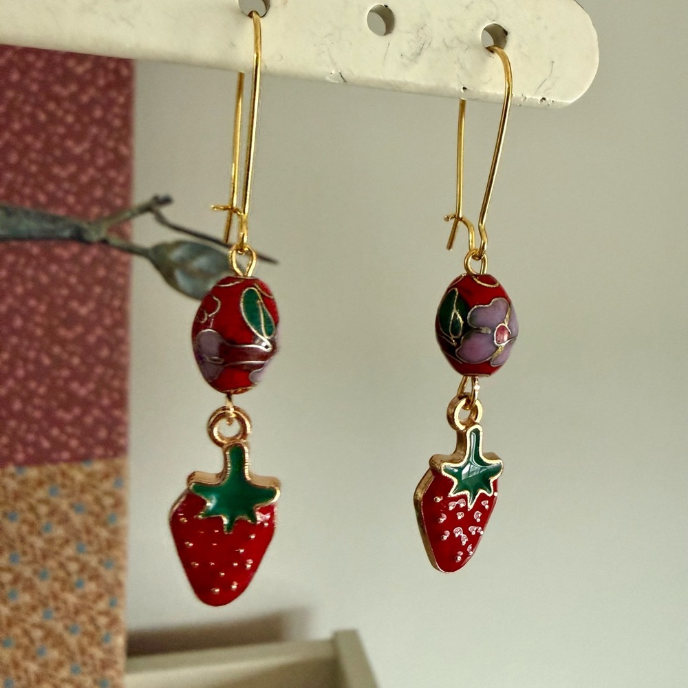 Red Strawberry Cloisonné Drop Earrings #